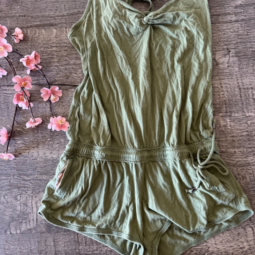 Olive Green Knit Romper Braided Halter Open Back Beach Coverup Medium